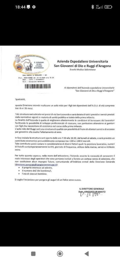 Un Asilo per i figli dei dipendenti al San Leonardo di Salerno