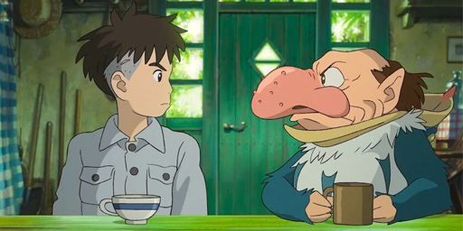 Nell'immagine due personaggi del film di Miyazaki, il ragazzo e l'airone