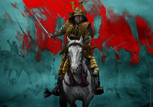 nell'immagine un samurai a cavallo, locandina della serie shogun